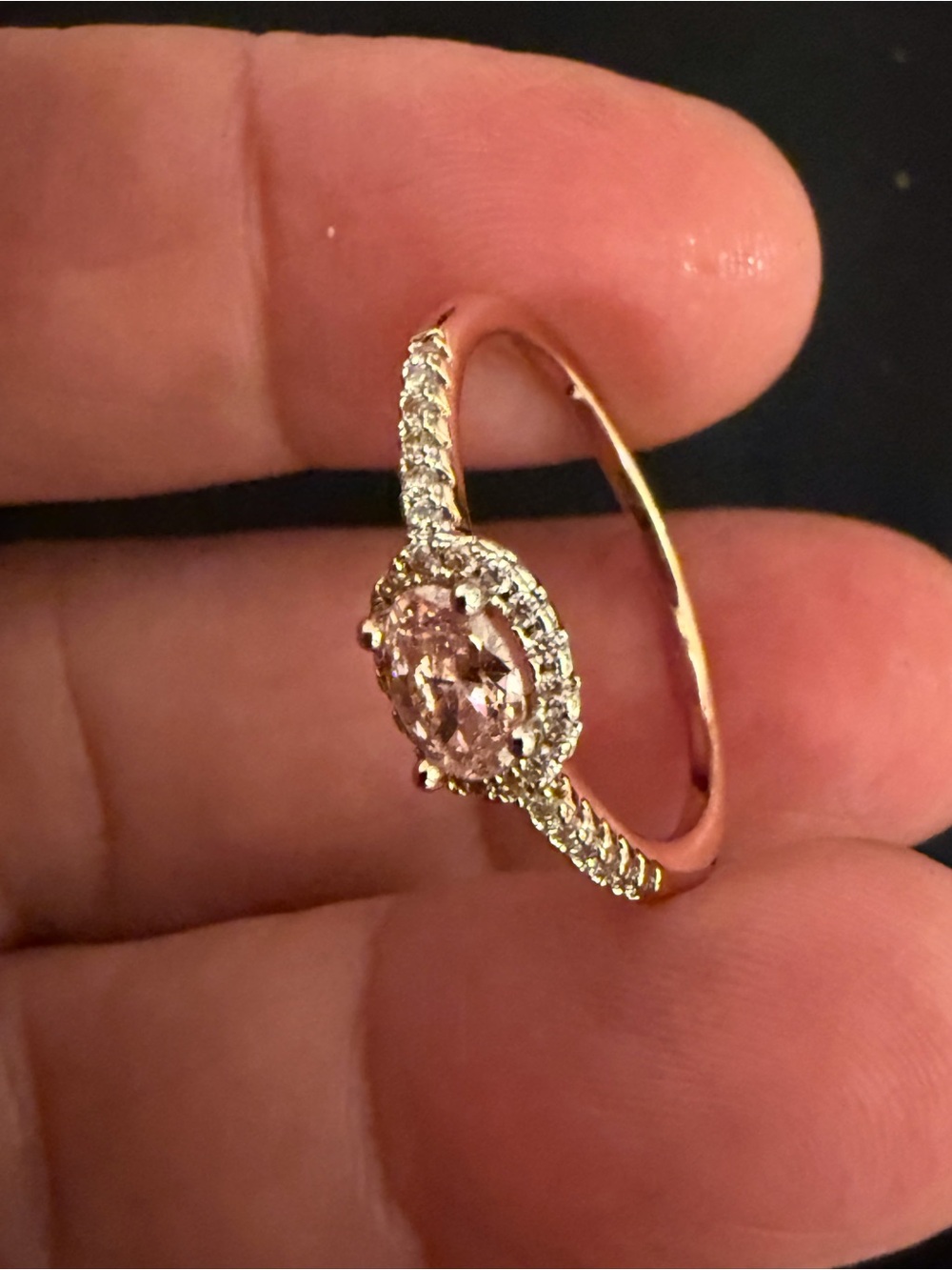 Rose Gold Halo Ring with Pink Center Stone